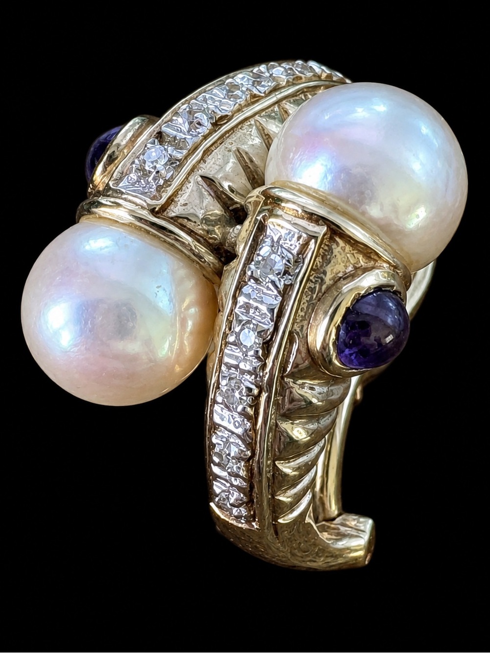 14K yellow gold 585 4.3 grams single earring diamond amethyst pearl